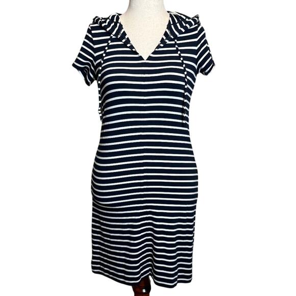CAbi dress Dockside navy & white striped hooded knit cap sleeve open neck Sz XS - Picture 1 of 9